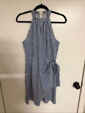 Sleeveless Blue and White Striped Midi Dress with Side Tie